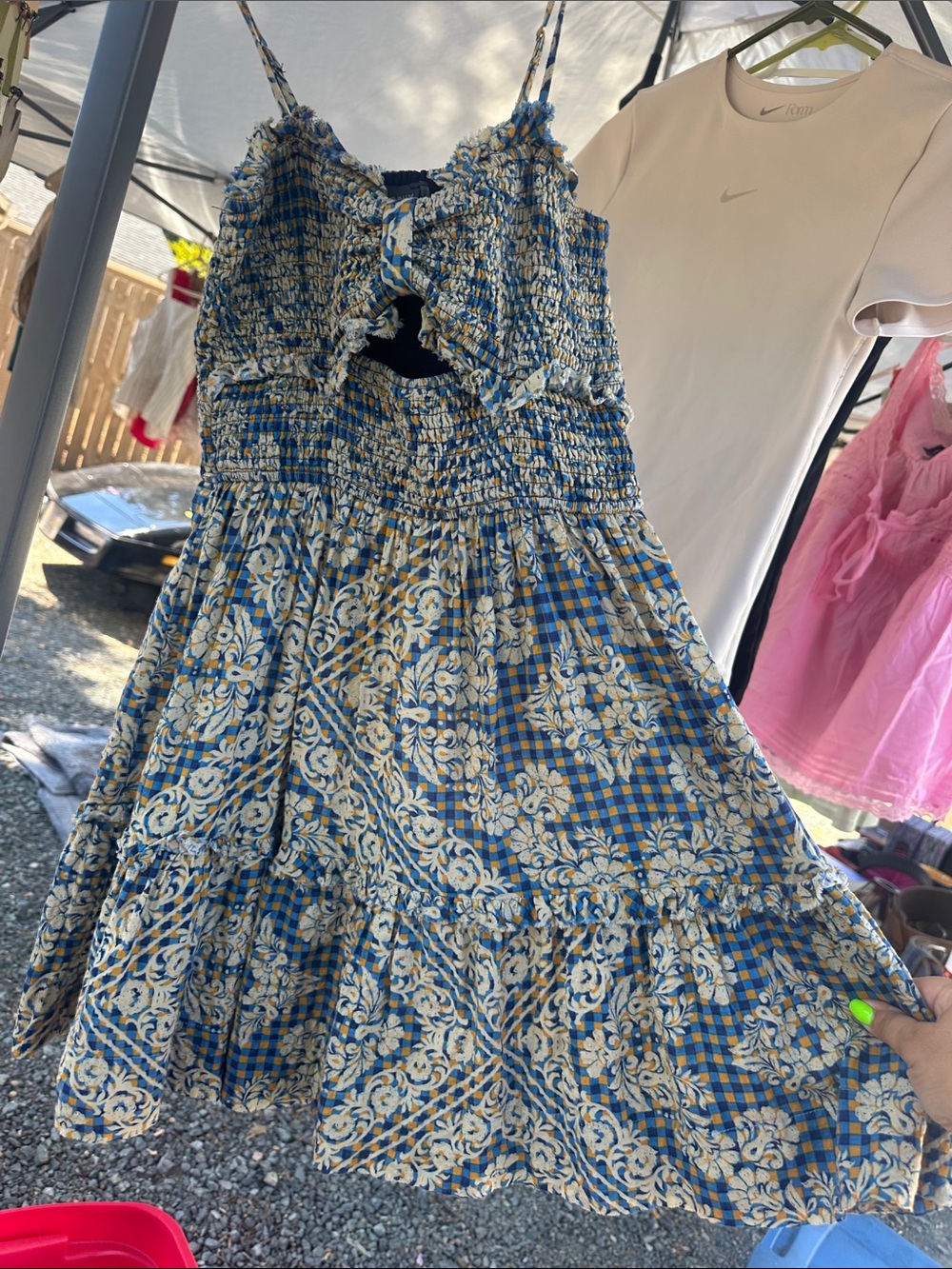 Dress Forum Blue and Cream Smocked Tie-Front Midi Dress